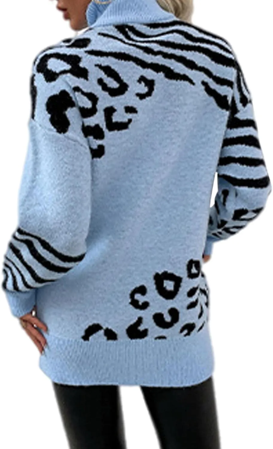 SOMTHRON Women's Turtleneck Leopard Print Sweater Oversized Chunky Knitted Jumper Pullover Tops Casual Sweatshirts