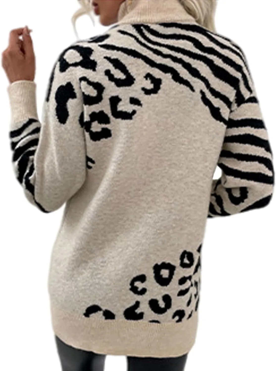 SOMTHRON Women's Turtleneck Leopard Print Sweater Oversized Chunky Knitted Jumper Pullover Tops Casual Sweatshirts