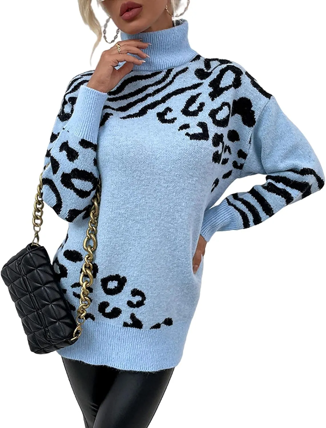 SOMTHRON Women's Turtleneck Leopard Print Sweater Oversized Chunky Knitted Jumper Pullover Tops Casual Sweatshirts