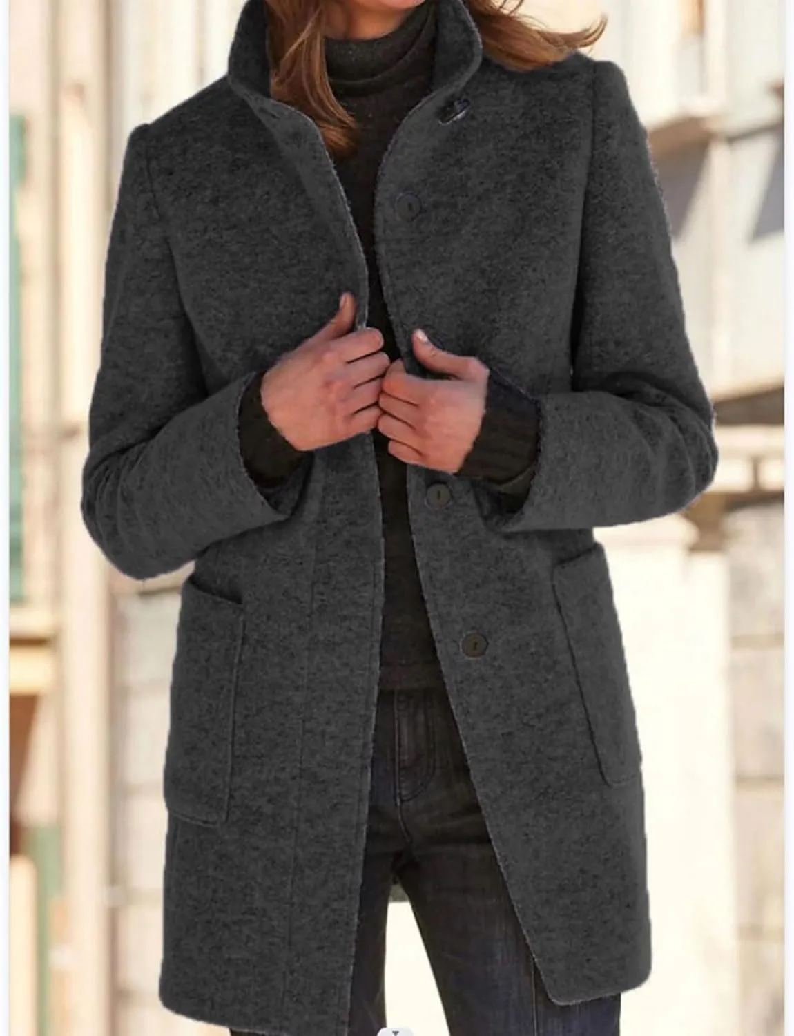 SOMTHRON Women's Winter Pea Coat Wool Blend Stand Collar Single Breasted Mid Long Trench Coat Blazer Jacket
