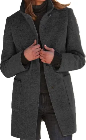 SOMTHRON Women's Winter Pea Coat Wool Blend Stand Collar Single Breasted Mid Long Trench Coat Blazer Jacket