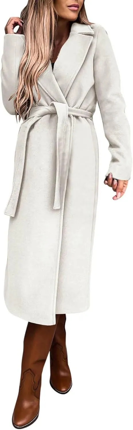 SOMTHRON Women's Wool Blend Pea Coat Open Front Notch Lapel Jacket Trench Coat Winter Long Overcoat with Belt