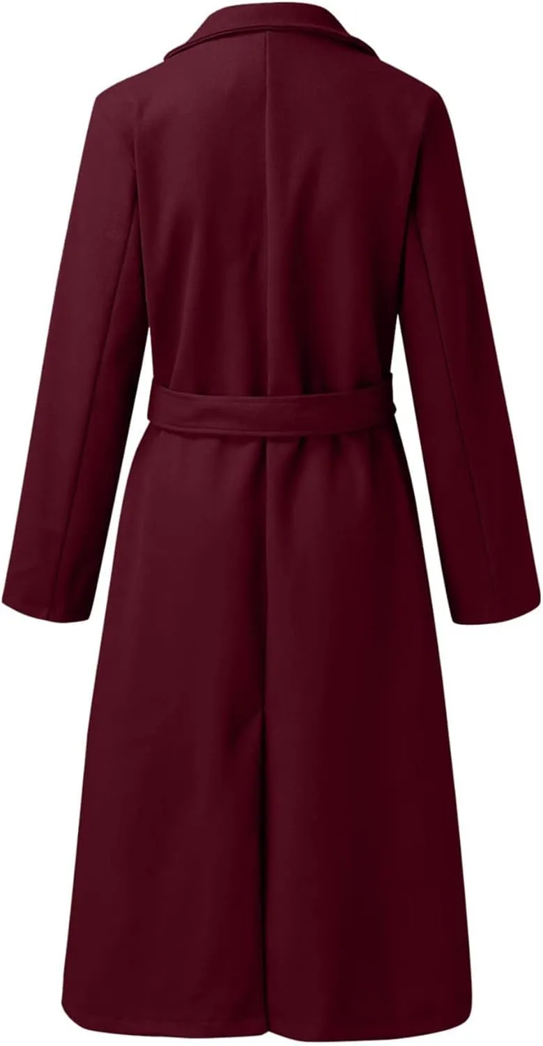 SOMTHRON Women's Wool Blend Pea Coat Open Front Notch Lapel Jacket Trench Coat Winter Long Overcoat with Belt