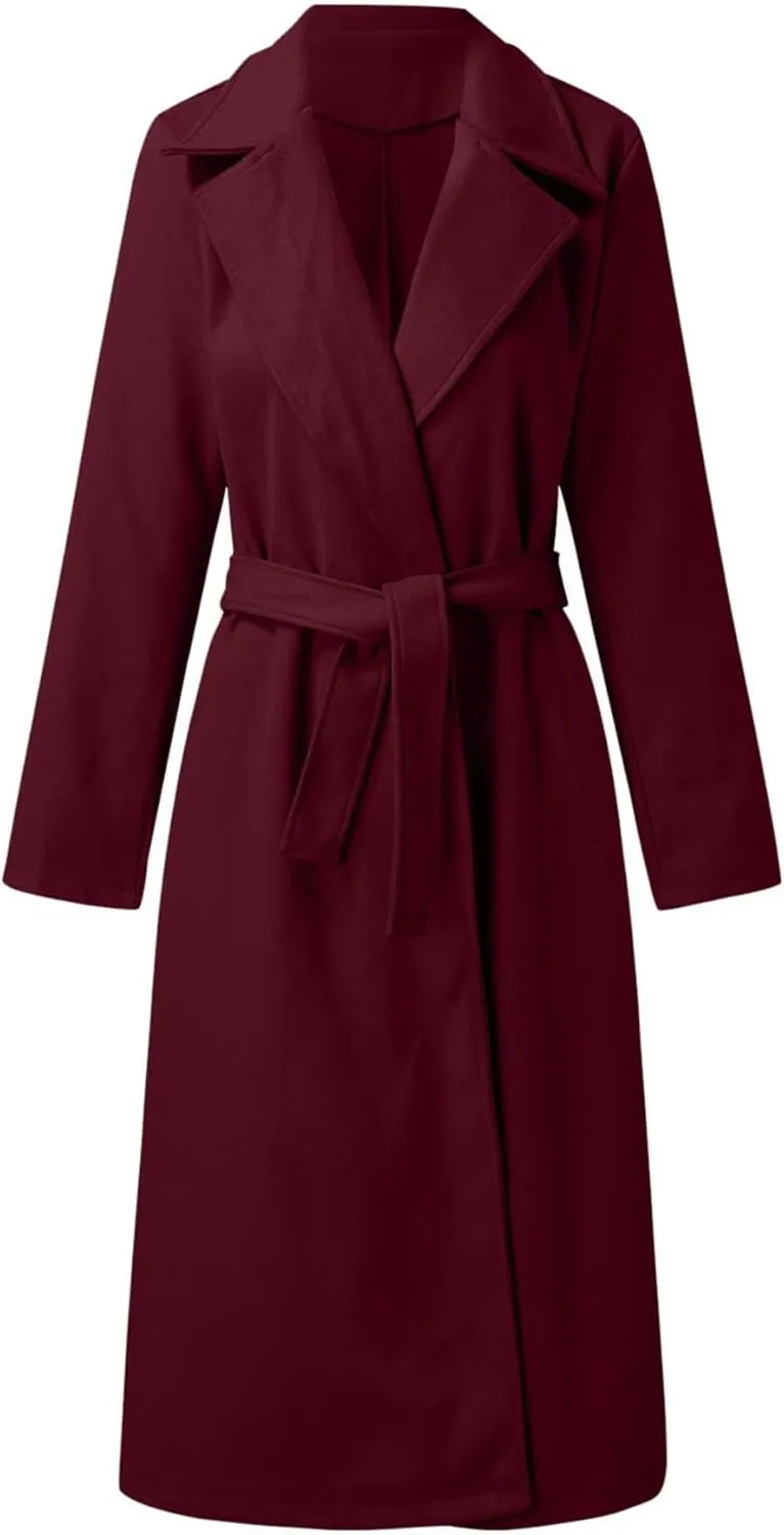 SOMTHRON Women's Wool Blend Pea Coat Open Front Notch Lapel Jacket Trench Coat Winter Long Overcoat with Belt