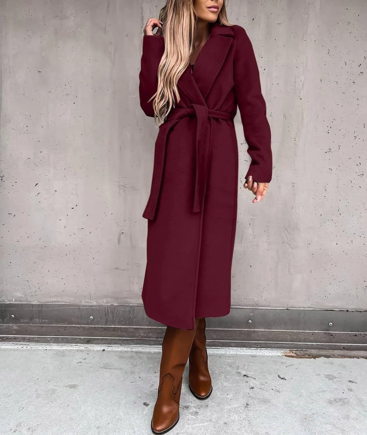 SOMTHRON Women's Wool Blend Pea Coat Open Front Notch Lapel Jacket Trench Coat Winter Long Overcoat with Belt