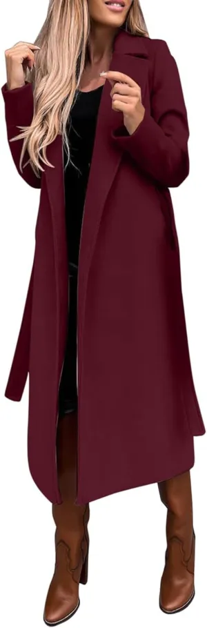 SOMTHRON Women's Wool Blend Pea Coat Open Front Notch Lapel Jacket Trench Coat Winter Long Overcoat with Belt