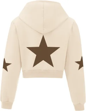 Star Cropped Y2K Zip Up Hoodies For Women Cute Stars Printed Cropped Sweatshirts Aesthetic Graphic Cotton Crop Tops
