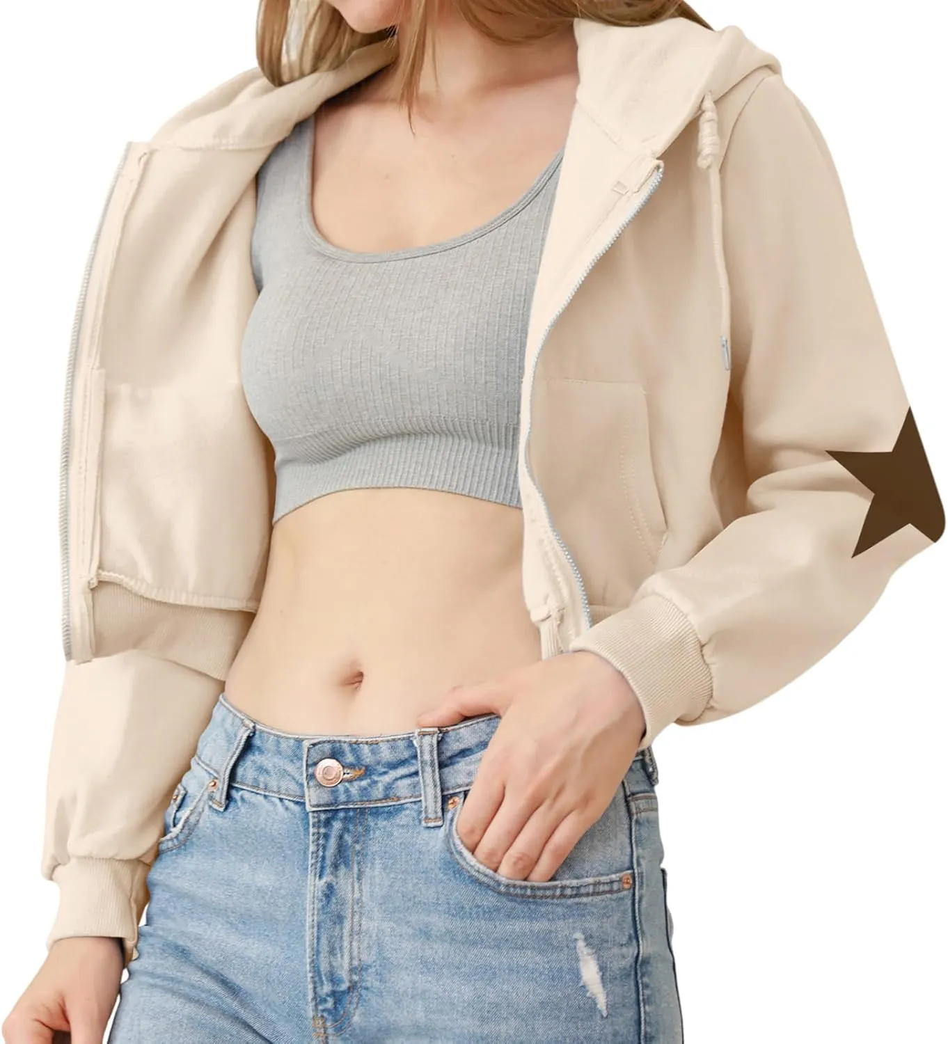 Star Cropped Y2K Zip Up Hoodies For Women Cute Stars Printed Cropped Sweatshirts Aesthetic Graphic Cotton Crop Tops