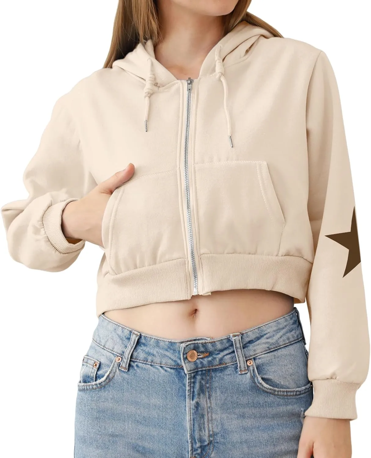 Star Cropped Y2K Zip Up Hoodies For Women Cute Stars Printed Cropped Sweatshirts Aesthetic Graphic Cotton Crop Tops