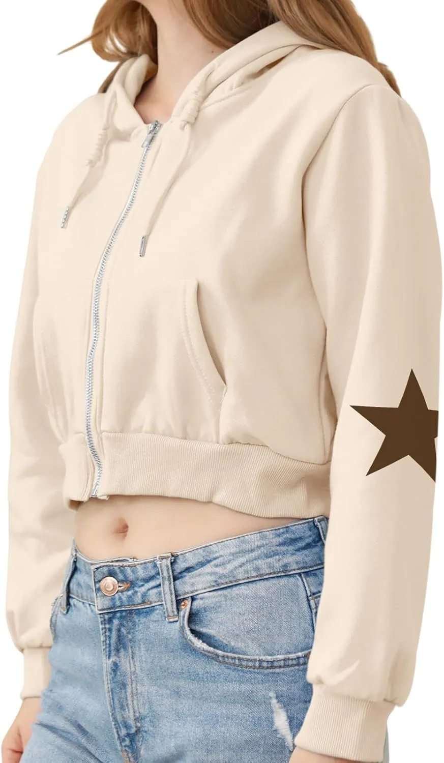 Star Cropped Y2K Zip Up Hoodies For Women Cute Stars Printed Cropped Sweatshirts Aesthetic Graphic Cotton Crop Tops