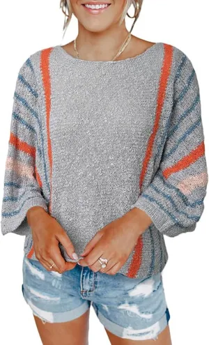 Striped Cable Knit Sweater - Women's Fall Sweaters with 3/4 Sleeves