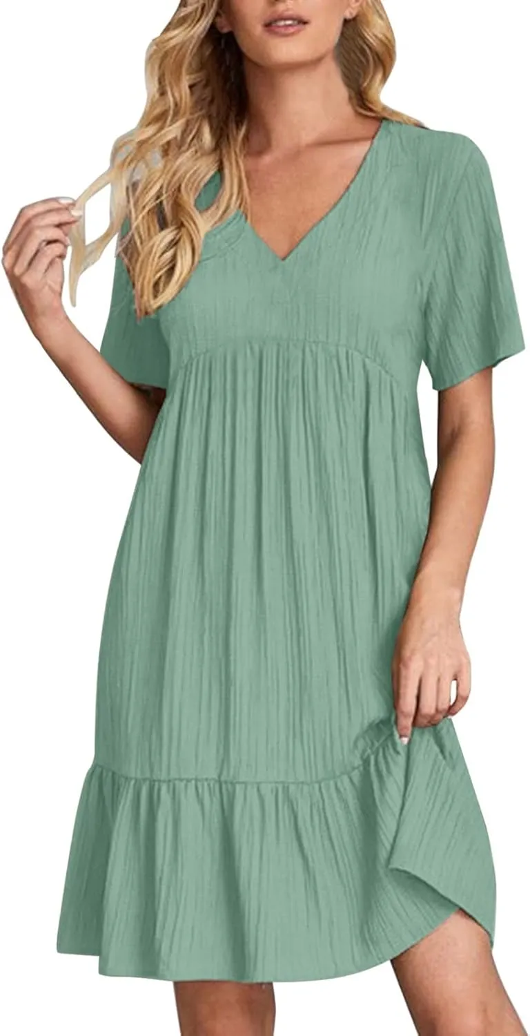 Summer Dresses for Women 2025 Pleated Tiered A Line Flowy Midi Dress Ladies Casual Fashion Short Sleeve V Neck Sundresses