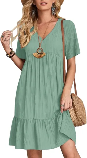 Summer Dresses for Women 2025 Pleated Tiered A Line Flowy Midi Dress Ladies Casual Fashion Short Sleeve V Neck Sundresses