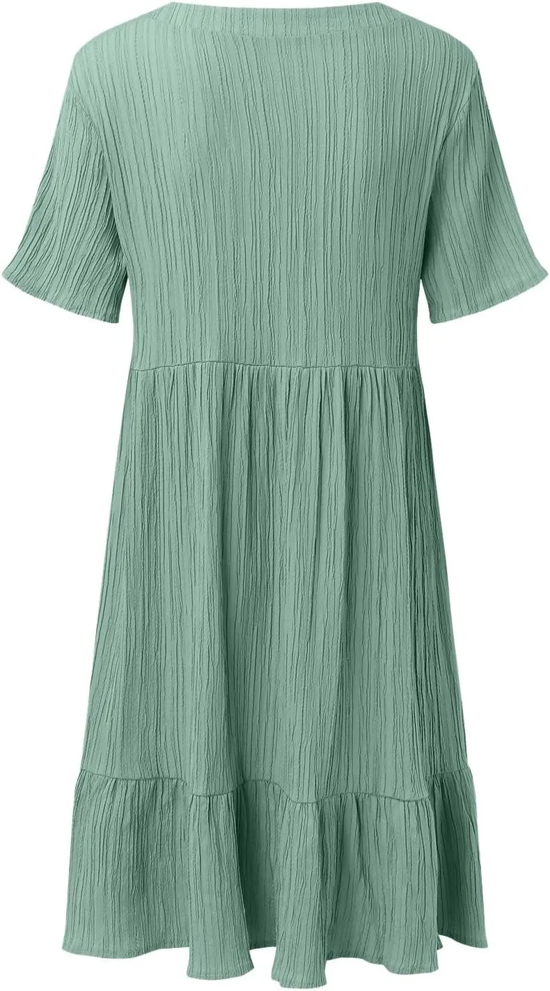 Summer Dresses for Women 2025 Pleated Tiered A Line Flowy Midi Dress Ladies Casual Fashion Short Sleeve V Neck Sundresses