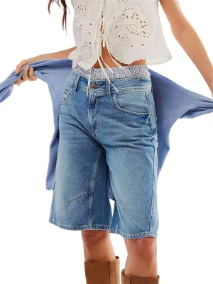 Sunloudy Womens Trendy Knee Length Denim Short Low Waisted Stretchy Bermuda Jean Shorts Baggy Cargo Jorts