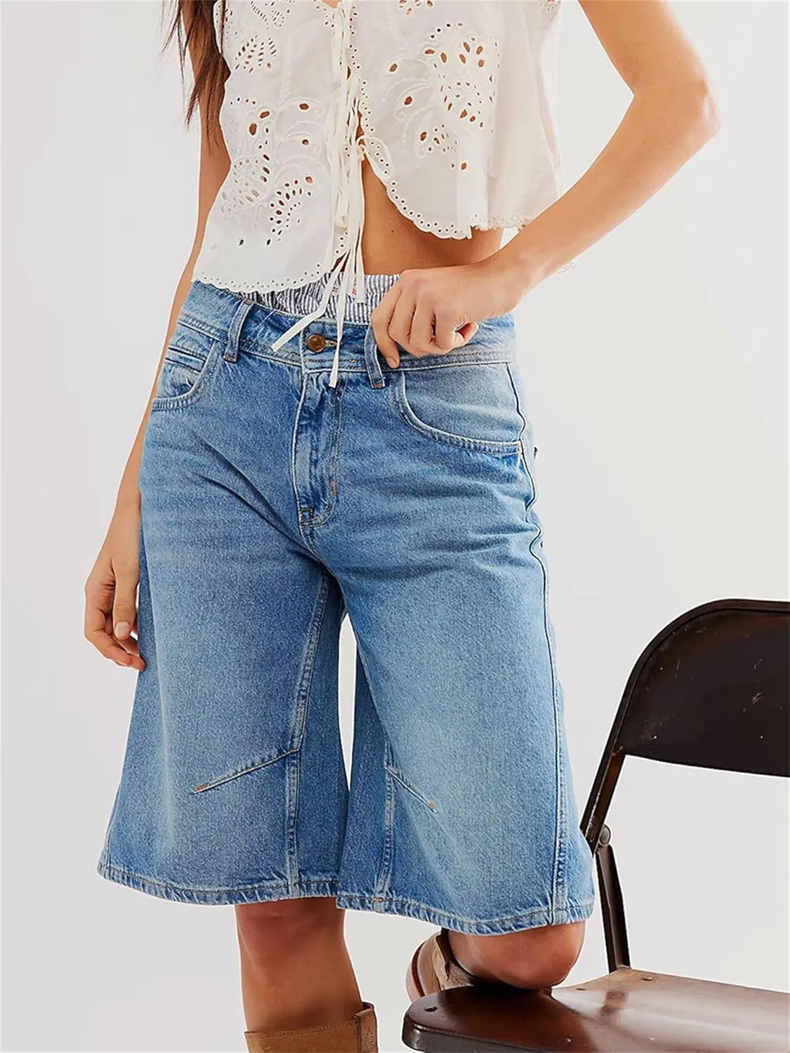 Sunloudy Womens Trendy Knee Length Denim Short Low Waisted Stretchy Bermuda Jean Shorts Baggy Cargo Jorts