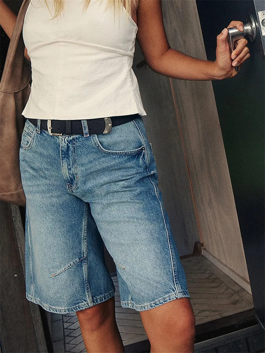 Sunloudy Womens Trendy Knee Length Denim Short Low Waisted Stretchy Bermuda Jean Shorts Baggy Cargo Jorts