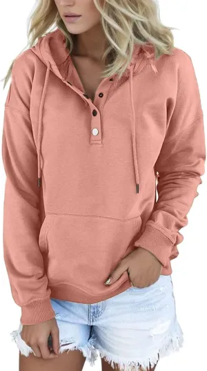 Sweatshirt for Women Fall Womens 2024 Hoodies Button Collar Drawstring Hooded Pullover Sweatshirt Casual Long Sleeve Tops