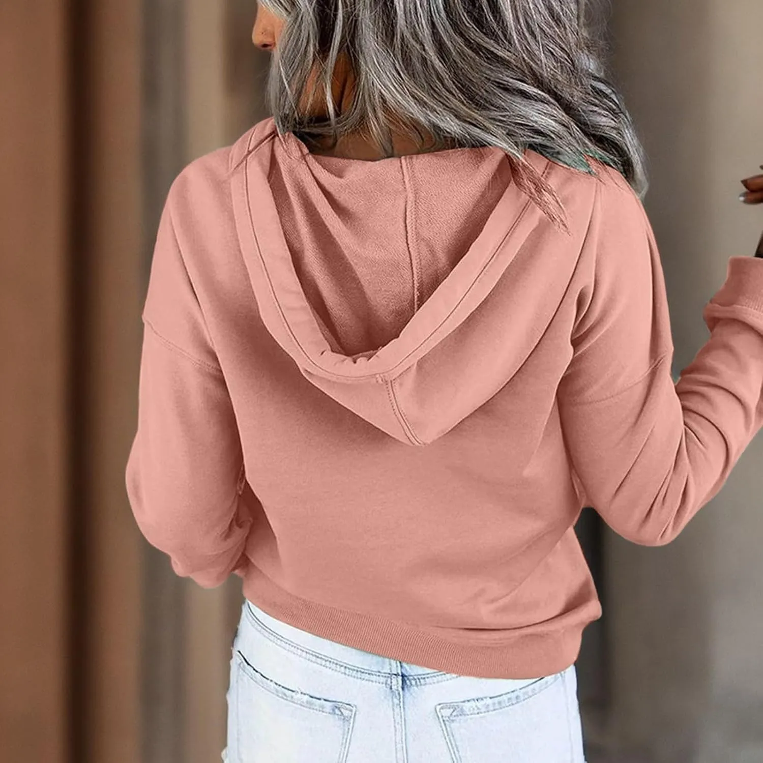 Sweatshirt for Women Fall Womens 2024 Hoodies Button Collar Drawstring Hooded Pullover Sweatshirt Casual Long Sleeve Tops