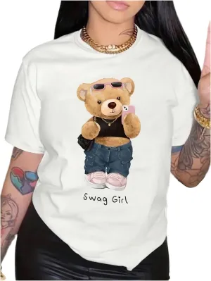 SweatyRocks Women's Oversized Cute Bear Graphic T-Shirt Short Sleeve Crew Neck Summer Tops
