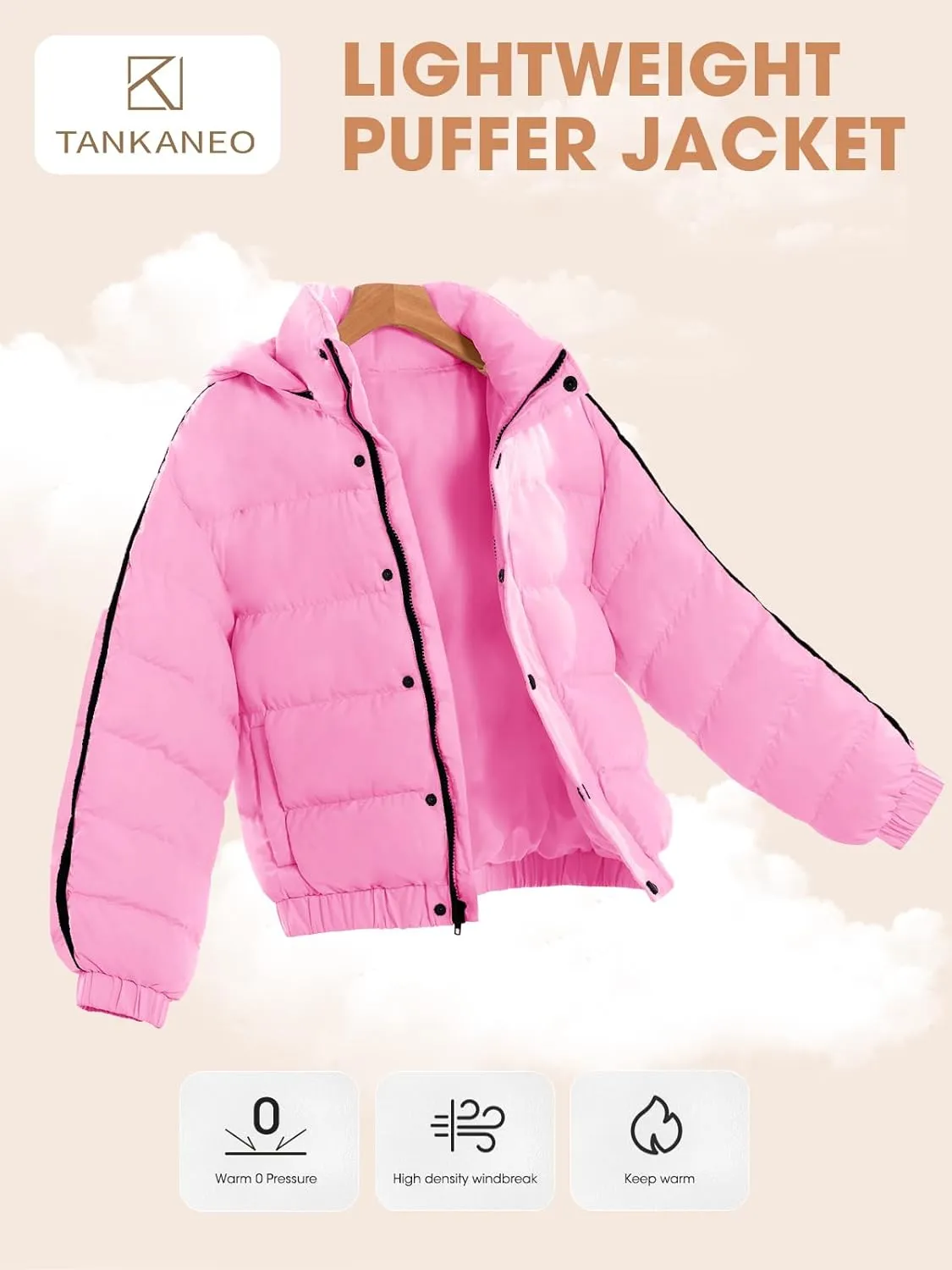 Tankaneo Womens Cropped Puffer Jacket Hooded Quilted Contrast Trim Short Down Coats Outerwear Winter Outfits