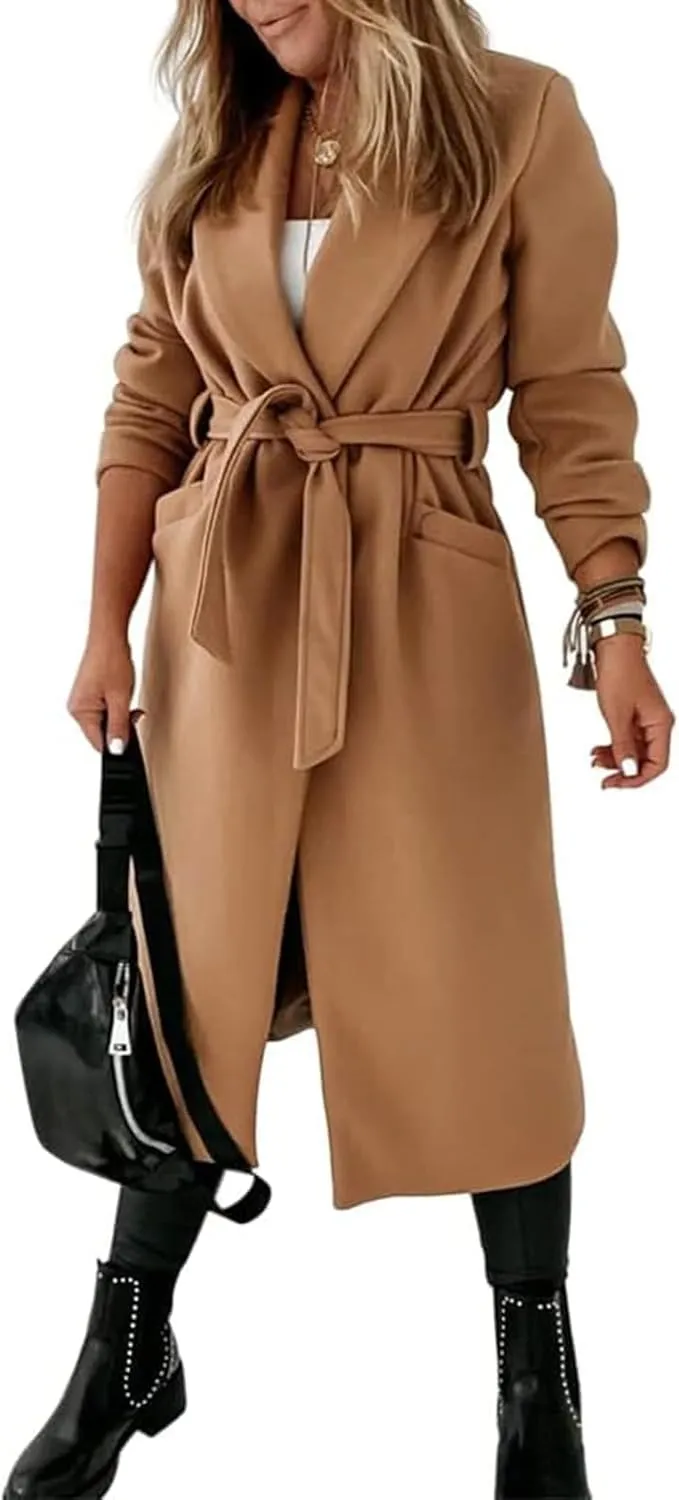 Tankaneo Womens Notched Lapel Collar Coats Open Front Long Jackets Overcoat with Belt
