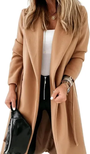Tankaneo Womens Notched Lapel Collar Coats Open Front Long Jackets Overcoat with Belt