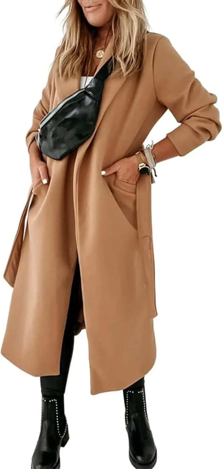 Tankaneo Womens Notched Lapel Collar Coats Open Front Long Jackets Overcoat with Belt