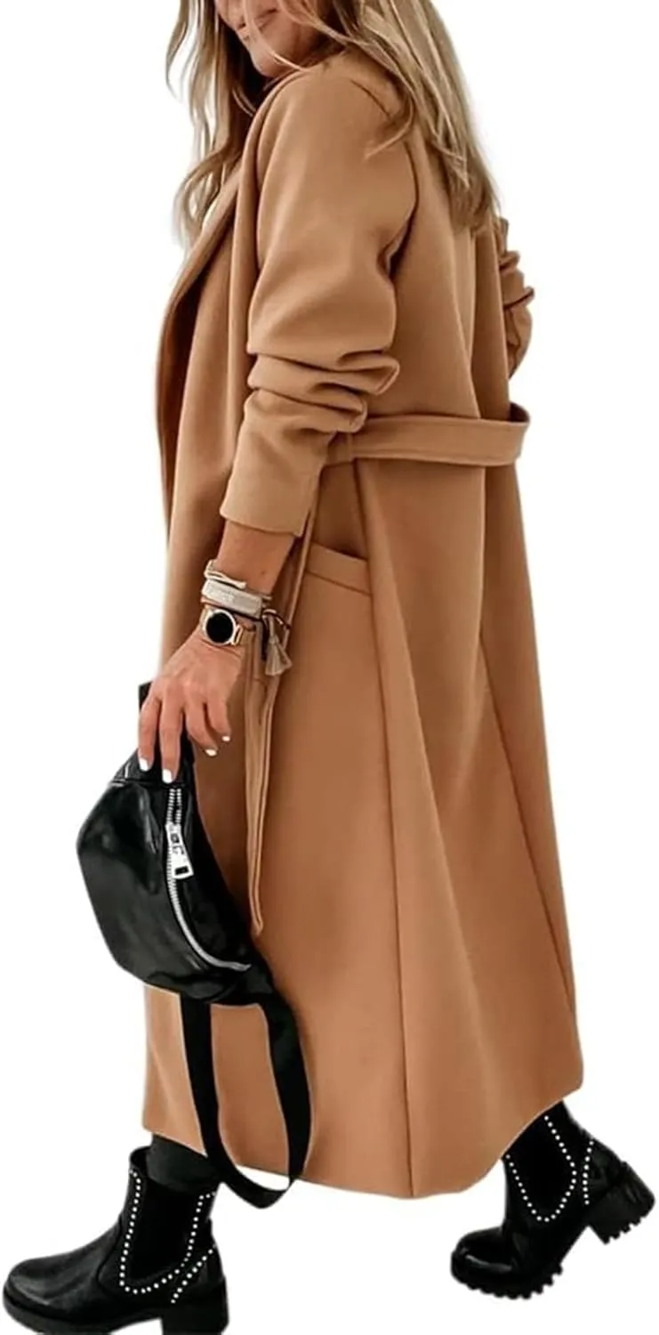 Tankaneo Womens Notched Lapel Collar Coats Open Front Long Jackets Overcoat with Belt