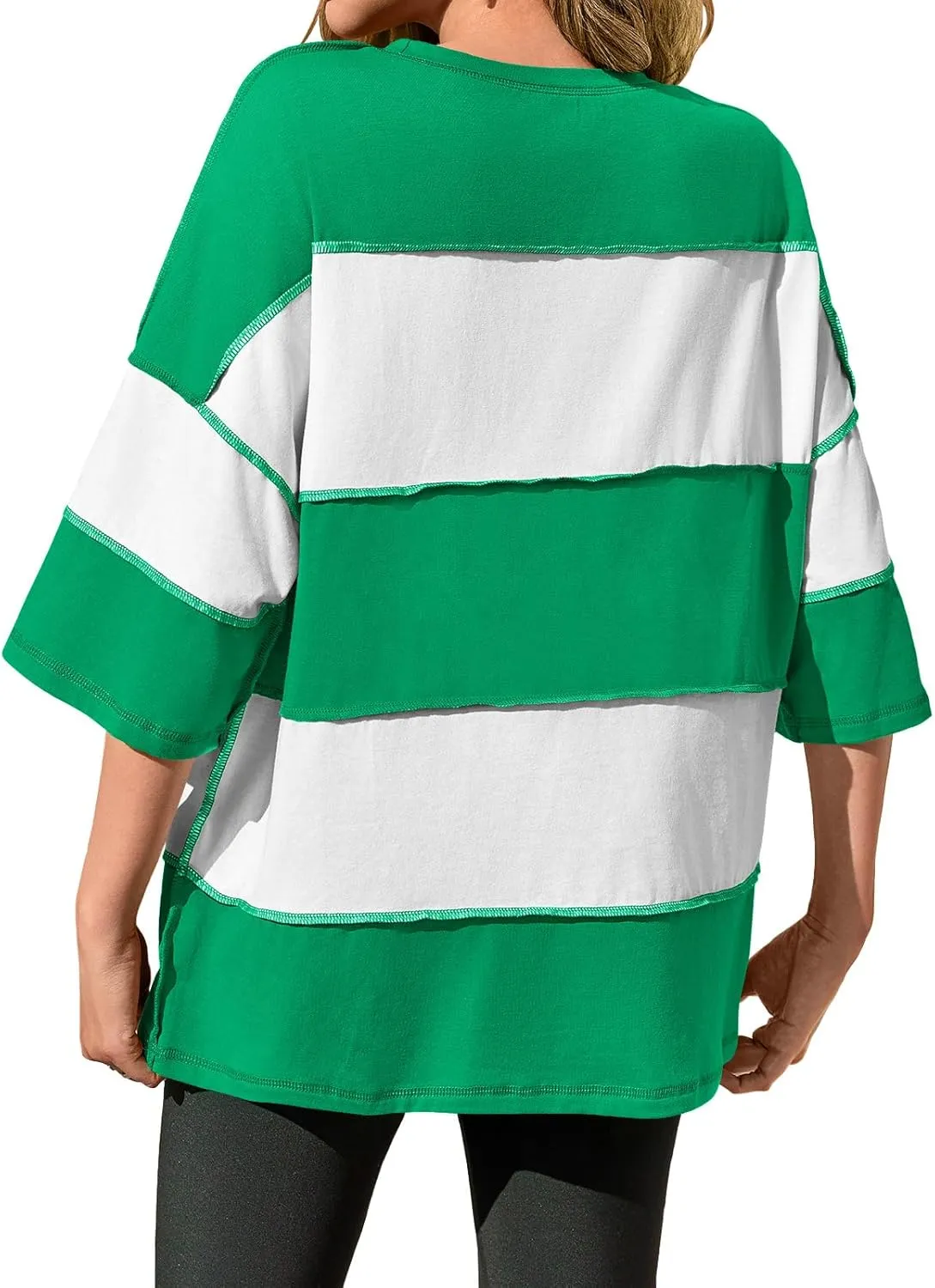 Tankaneo Womens Oversized Color Block Tshirts Half Sleeve Loose Fit Tops Summer Casual Crew Neck Exposed Seam Tee Shirts
