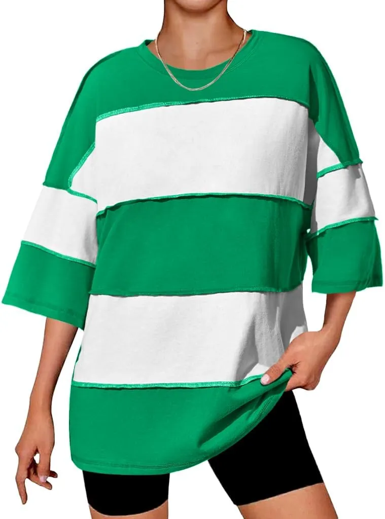 Tankaneo Womens Oversized Color Block Tshirts Half Sleeve Loose Fit Tops Summer Casual Crew Neck Exposed Seam Tee Shirts