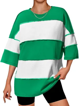 Tankaneo Womens Oversized Color Block Tshirts Half Sleeve Loose Fit Tops Summer Casual Crew Neck Exposed Seam Tee Shirts