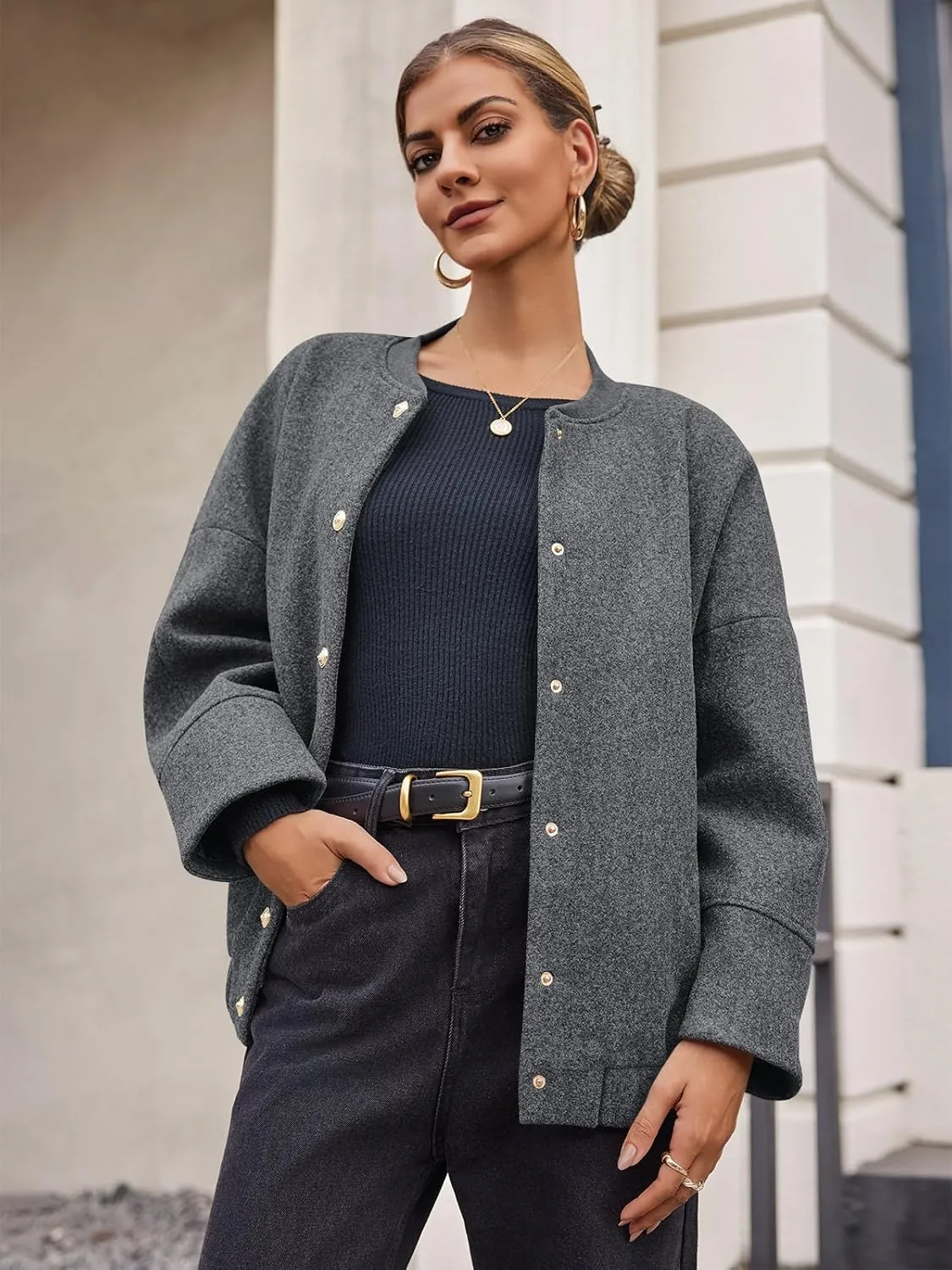 Tankaneo Womens Oversized Wool Blend Bomber Jacket Cropped Button Up Pea Coats Fall Winter Varsity Jackets