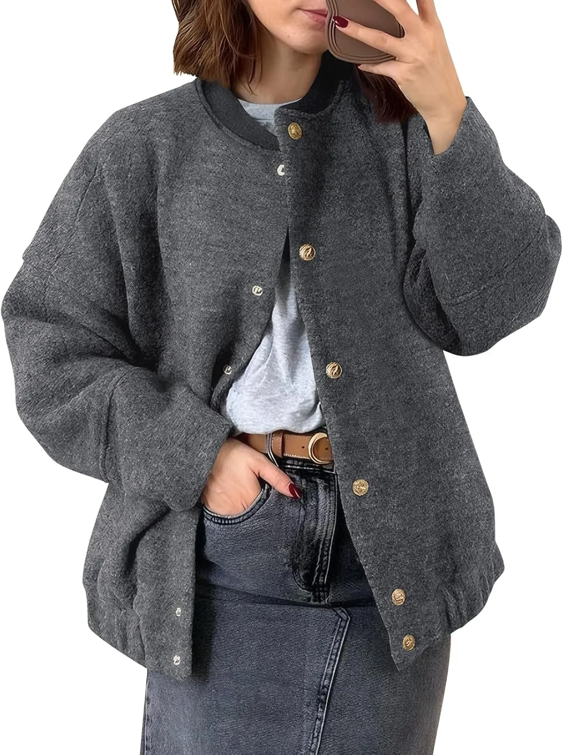 Tankaneo Womens Oversized Wool Blend Bomber Jacket Cropped Button Up Pea Coats Fall Winter Varsity Jackets
