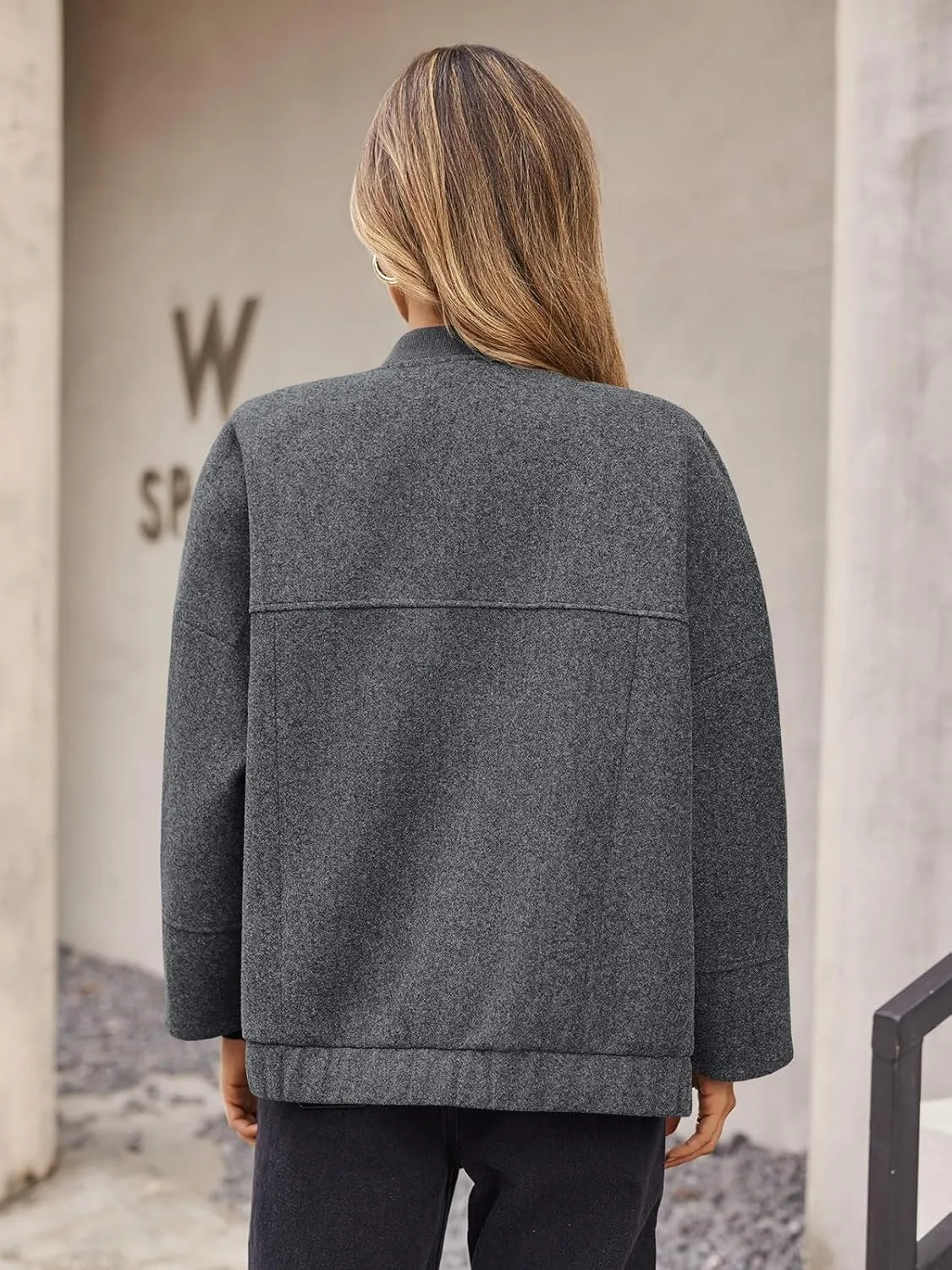 Tankaneo Womens Oversized Wool Blend Bomber Jacket Cropped Button Up Pea Coats Fall Winter Varsity Jackets