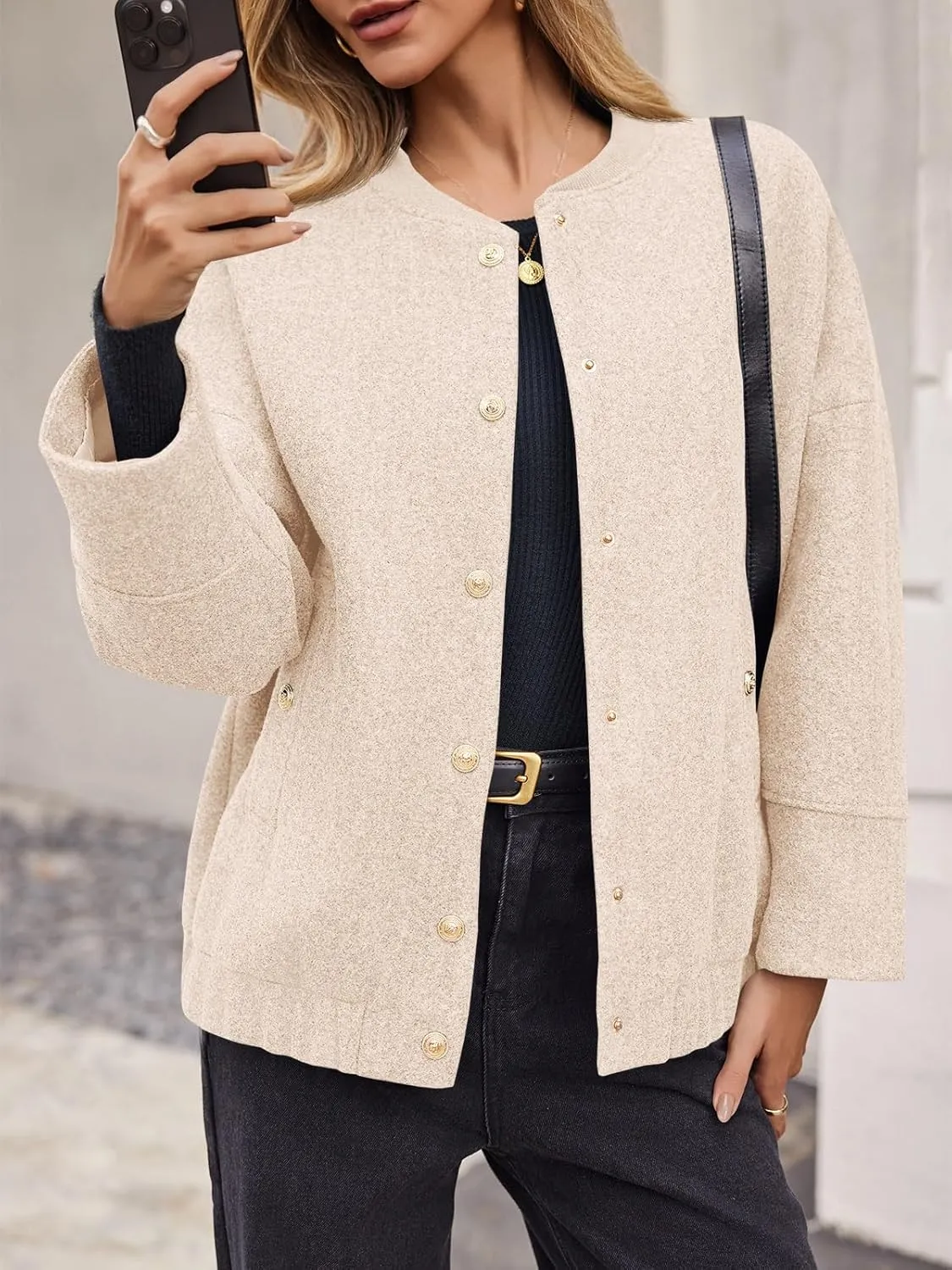 Tankaneo Womens Oversized Wool Blend Bomber Jacket Cropped Button Up Pea Coats Fall Winter Varsity Jackets