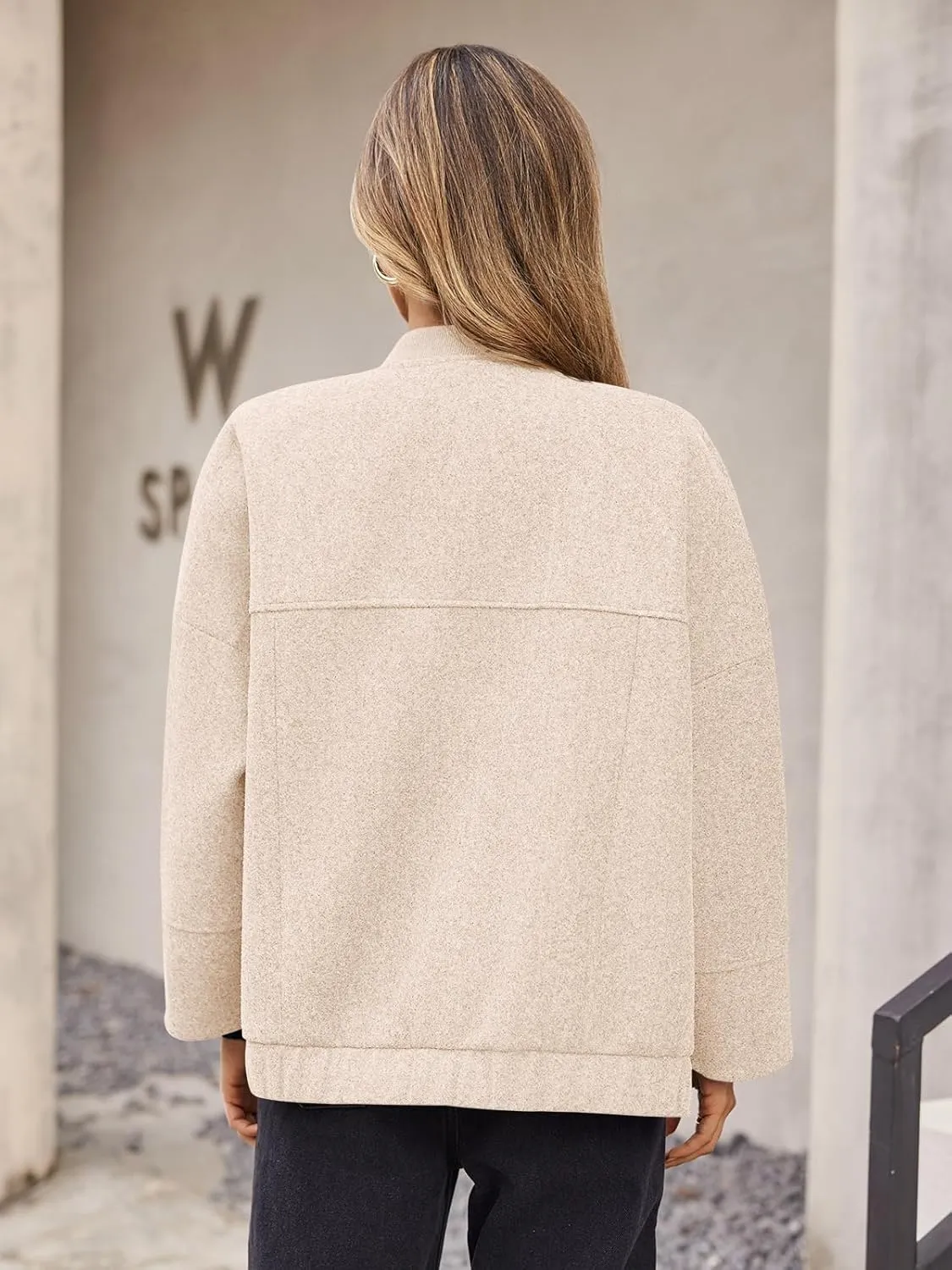 Tankaneo Womens Oversized Wool Blend Bomber Jacket Cropped Button Up Pea Coats Fall Winter Varsity Jackets