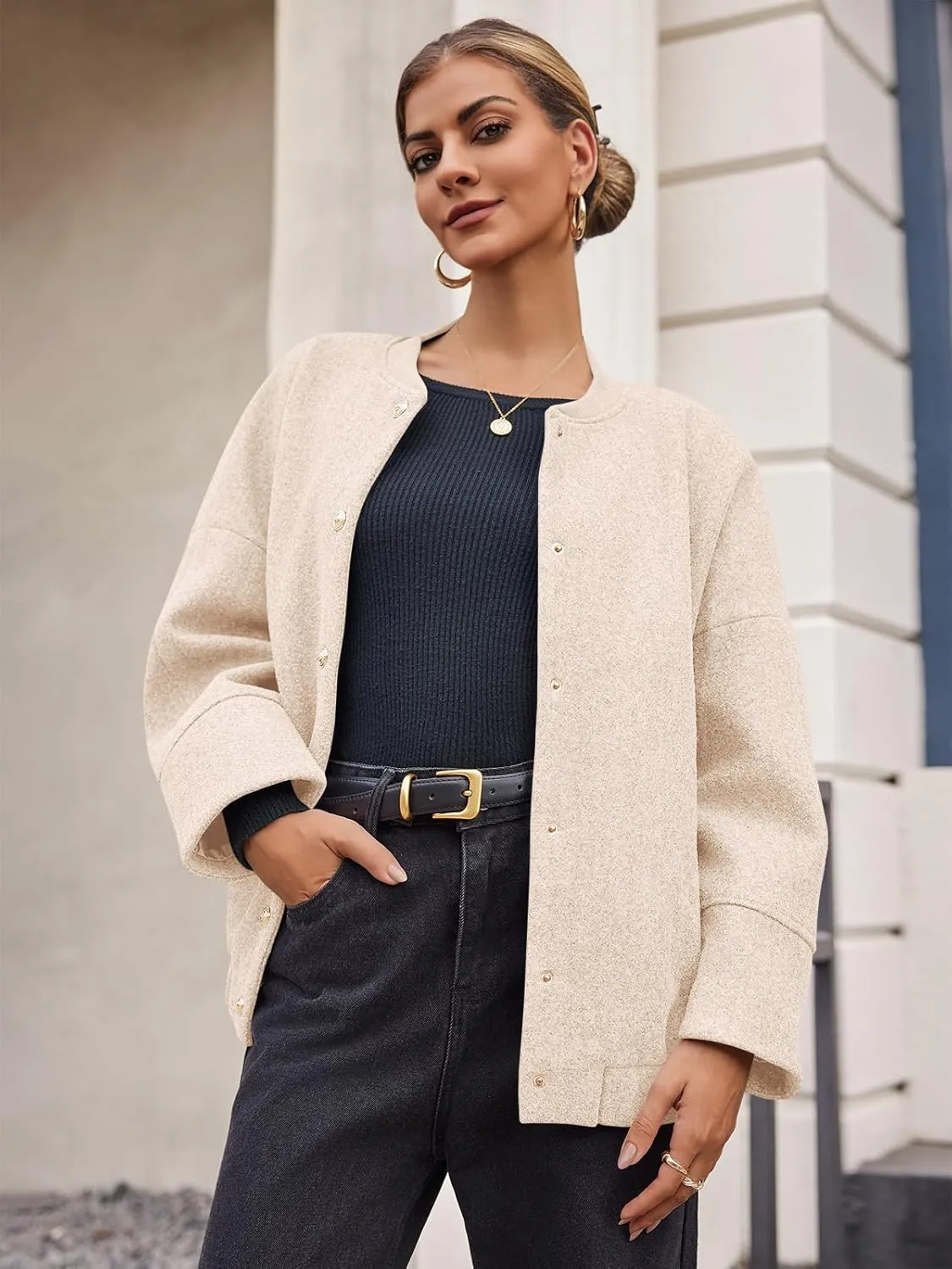 Tankaneo Womens Oversized Wool Blend Bomber Jacket Cropped Button Up Pea Coats Fall Winter Varsity Jackets