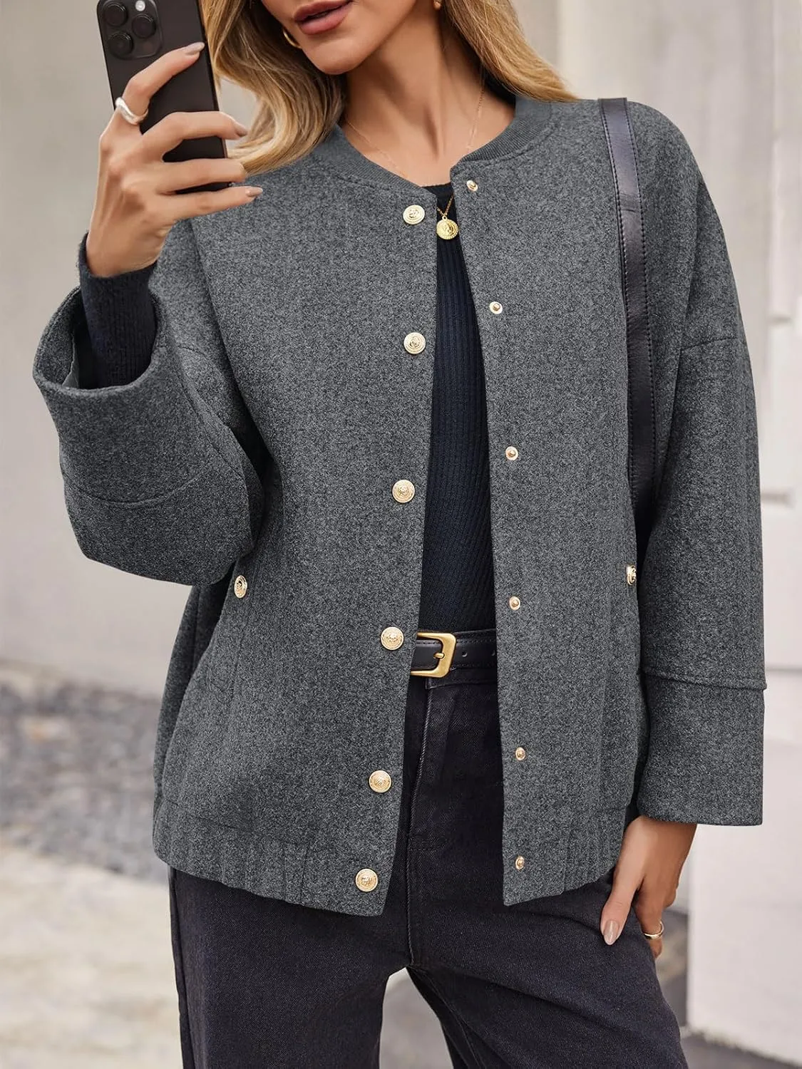 Tankaneo Womens Oversized Wool Blend Bomber Jacket Cropped Button Up Pea Coats Fall Winter Varsity Jackets