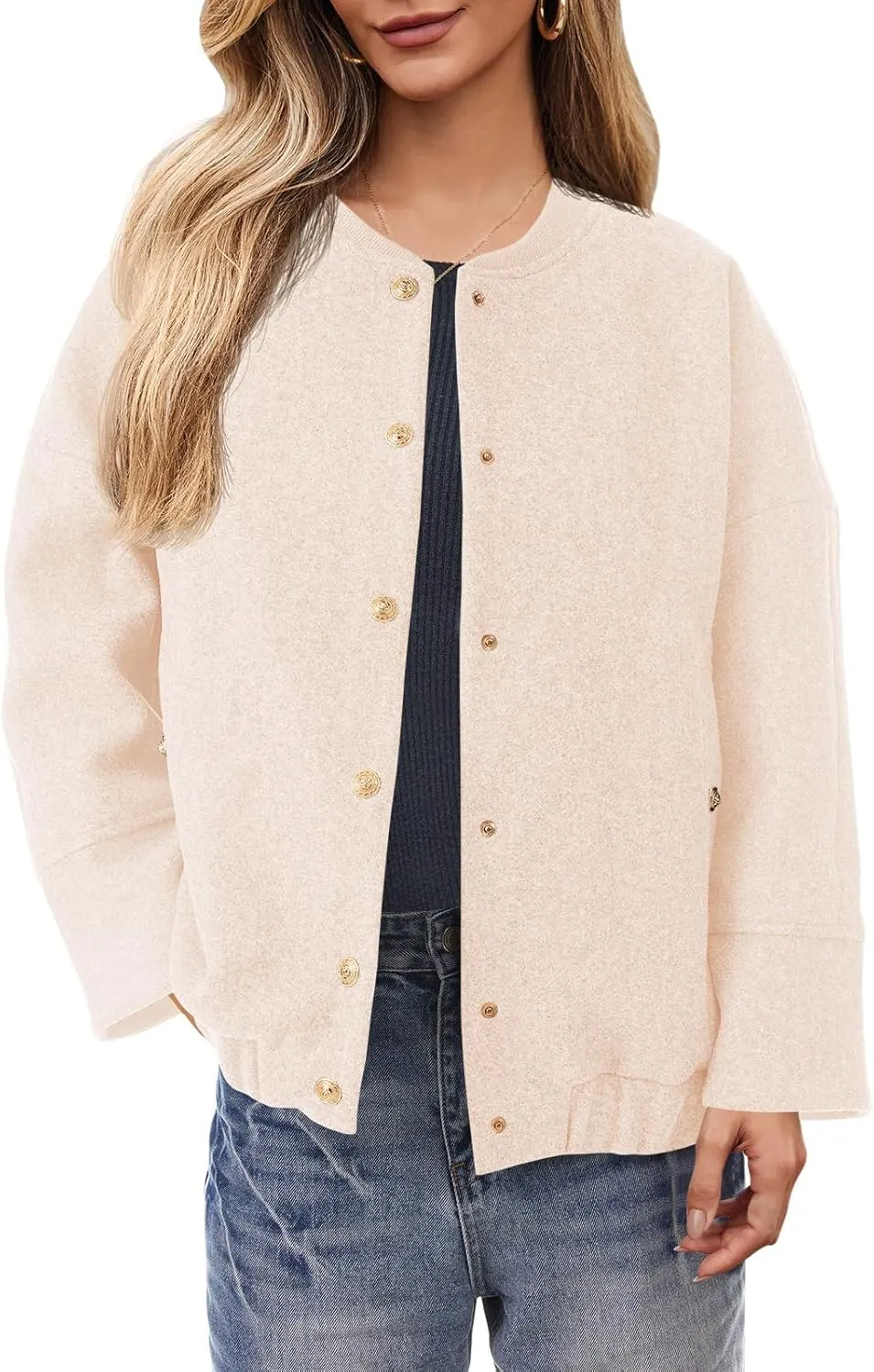 Tankaneo Womens Oversized Wool Blend Bomber Jacket Cropped Button Up Pea Coats Fall Winter Varsity Jackets