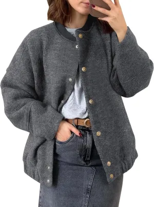 Tankaneo Womens Oversized Wool Blend Bomber Jacket Cropped Button Up Pea Coats Fall Winter Varsity Jackets