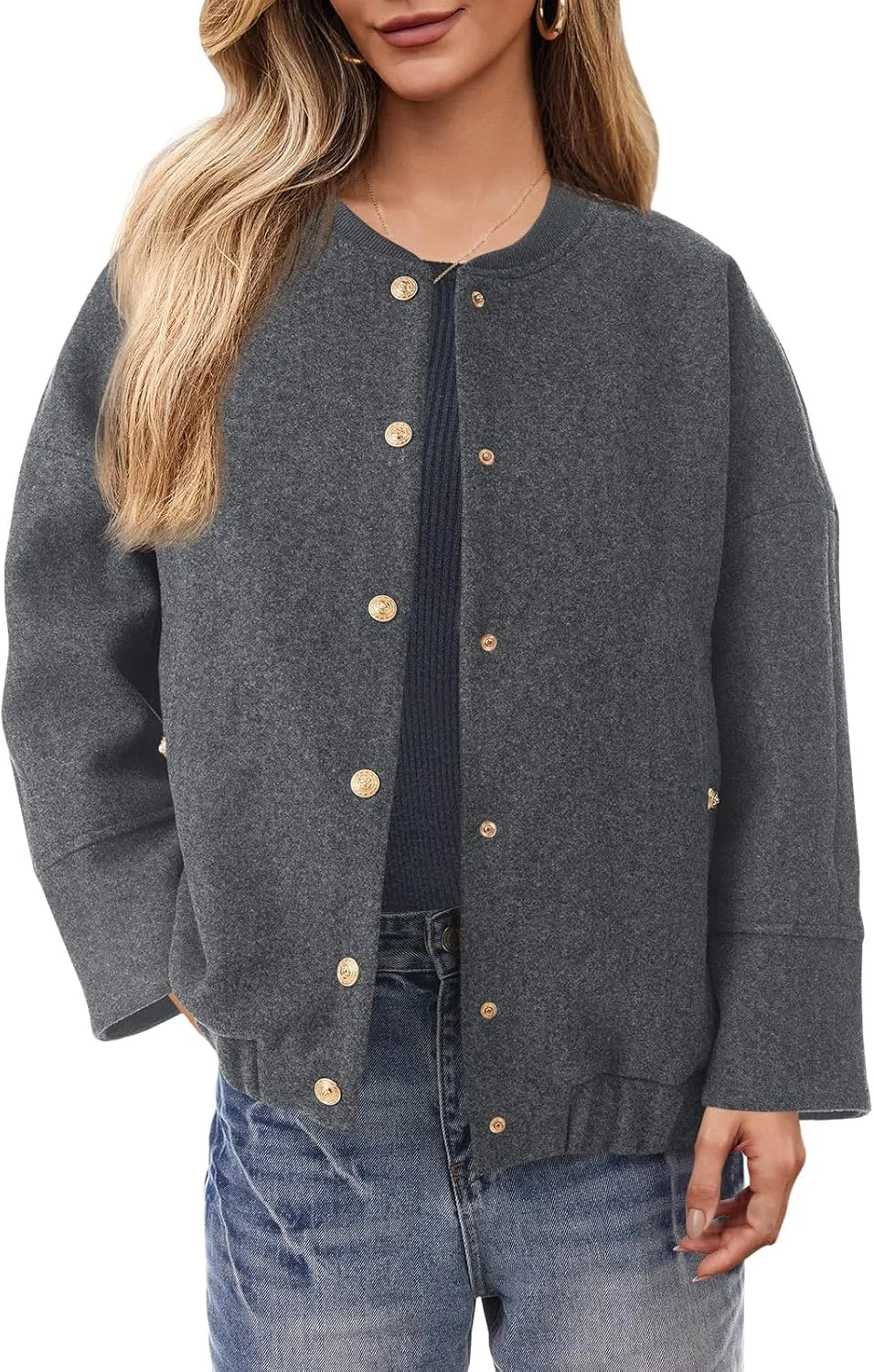 Tankaneo Womens Oversized Wool Blend Bomber Jacket Cropped Button Up Pea Coats Fall Winter Varsity Jackets