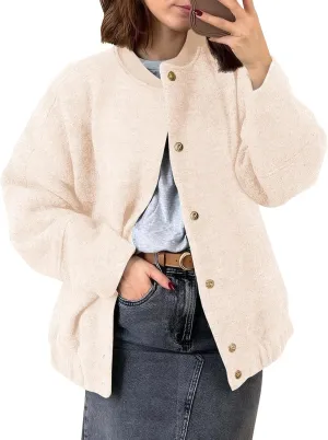 Tankaneo Womens Oversized Wool Blend Bomber Jacket Cropped Button Up Pea Coats Fall Winter Varsity Jackets
