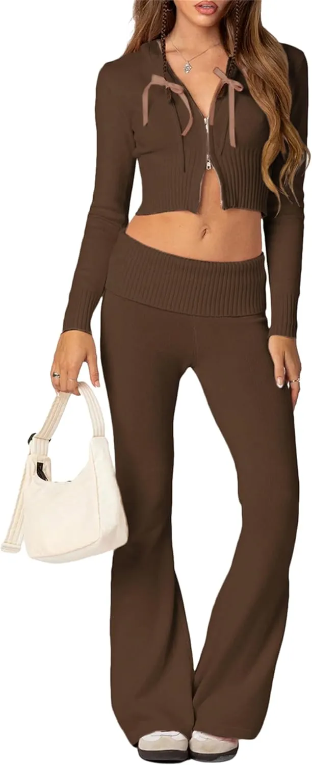 Thopavenoir Women Knit 2 Piece Outfits Long Sleeve Zipper Hooded Crop Top High Waist Skinny Pants Set Tracksuit Loungewear