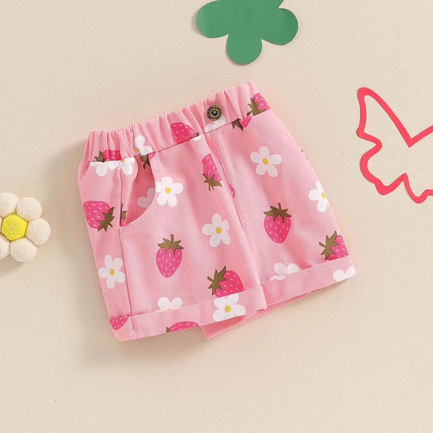 Toddler Baby Girls Floral Shorts Summer Elastic Waist Flower Print Short Jeans Pull On Denim Shorts with Pockets