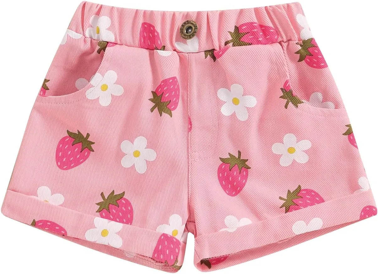 Toddler Baby Girls Floral Shorts Summer Elastic Waist Flower Print Short Jeans Pull On Denim Shorts with Pockets