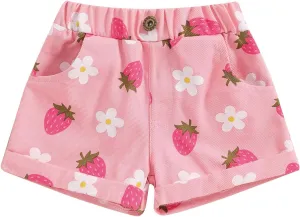 Toddler Baby Girls Floral Shorts Summer Elastic Waist Flower Print Short Jeans Pull On Denim Shorts with Pockets