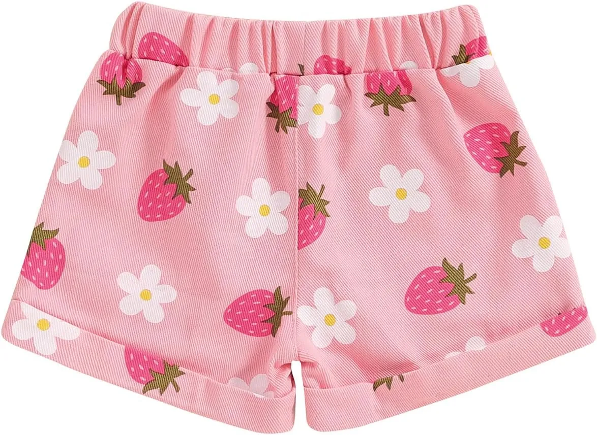 Toddler Baby Girls Floral Shorts Summer Elastic Waist Flower Print Short Jeans Pull On Denim Shorts with Pockets