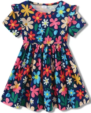 Toddler Girls Cute Print Summer Dresses Little Girl Ruffle Sleeve Twirly Swing Kids Dress with Pockets