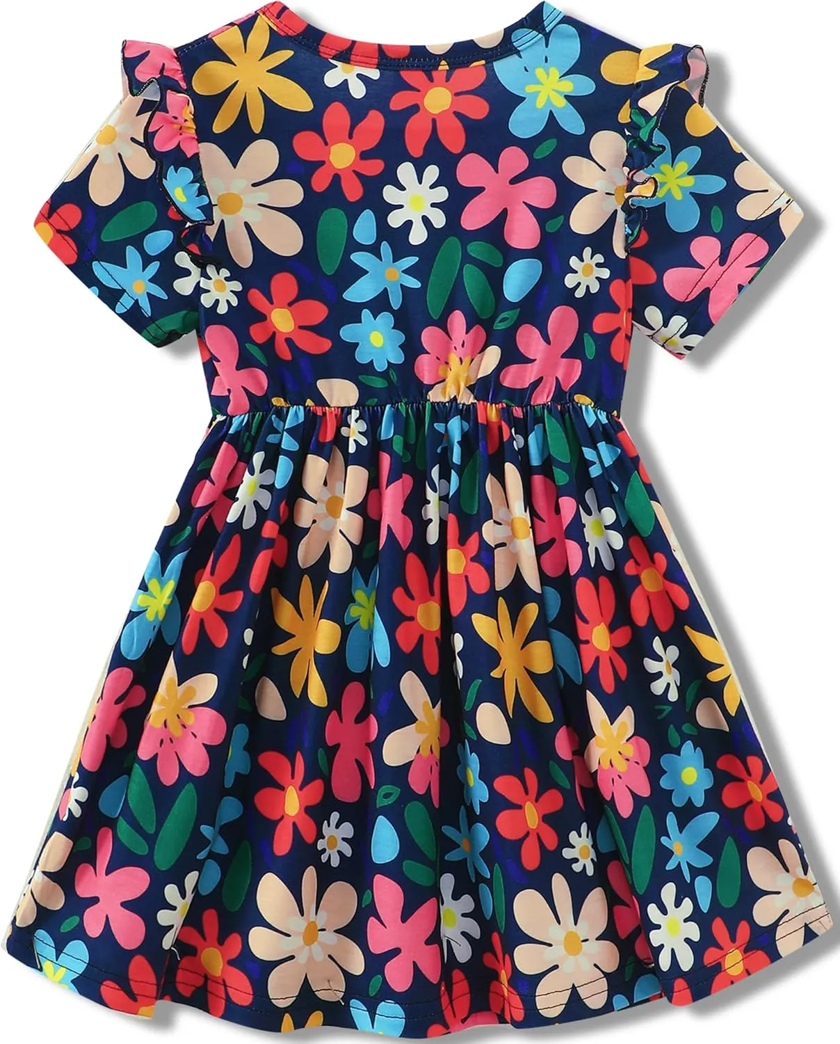 Toddler Girls Cute Print Summer Dresses Little Girl Ruffle Sleeve Twirly Swing Kids Dress with Pockets